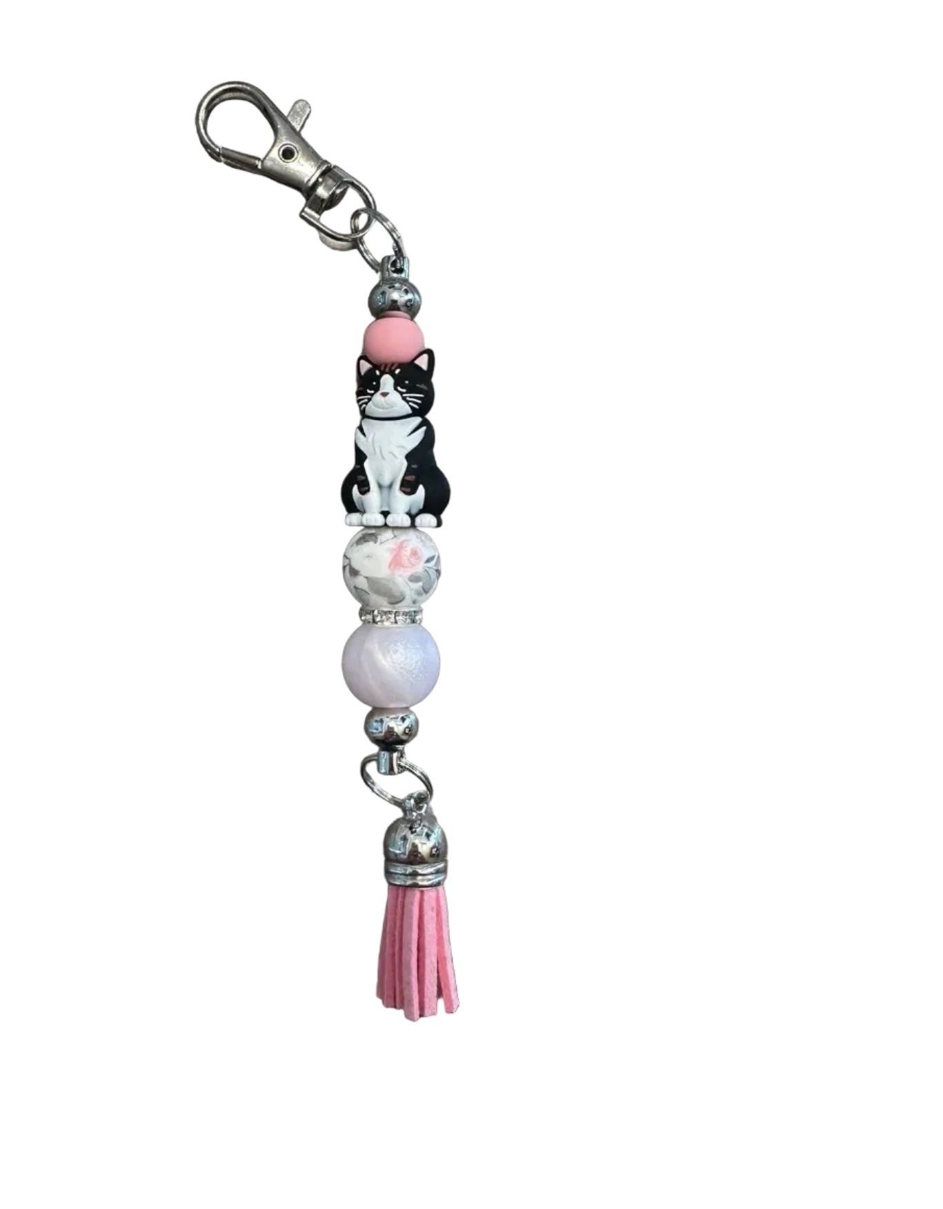 Porte clé chat fleur rose